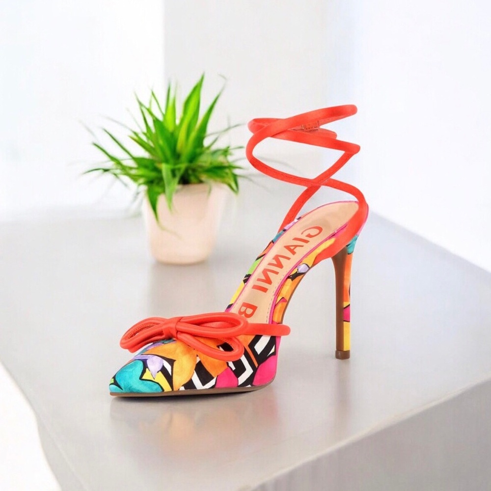 Gianni Bini Orange Multi-Print Pointed Toe Ankle Wrap Heel
